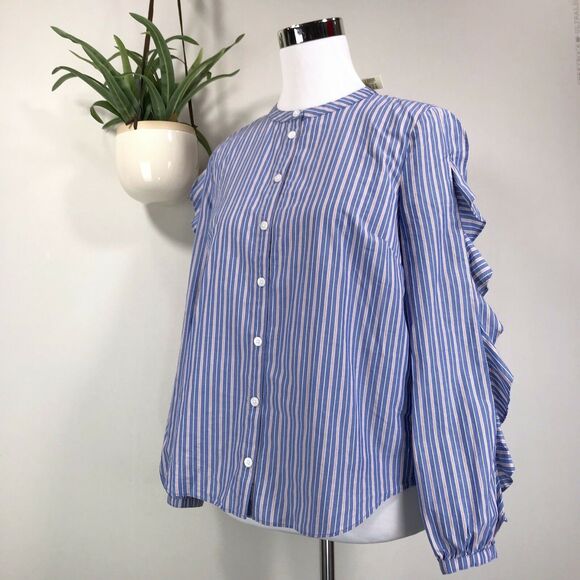 New Madewell Striped Frill Sleeve Button Front Blouse Top Ruffle‎ Shirt Size S - Picture 1 of 10